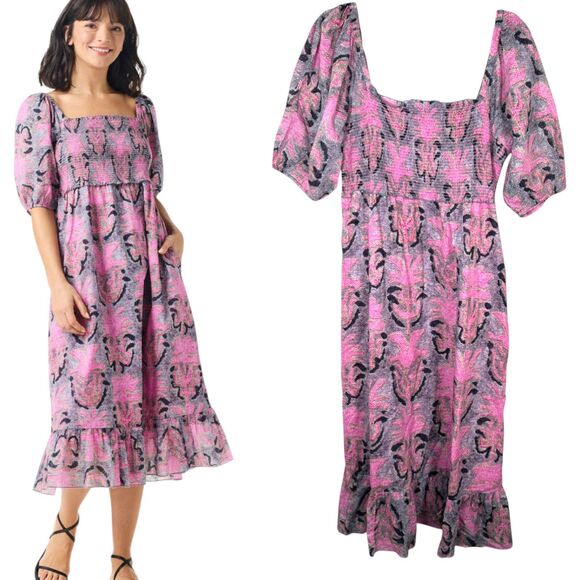 Nic + Zoe Petal Patch Seersucker Floral Pink Grey Midi Dress Size Large - Picture 1 of 9